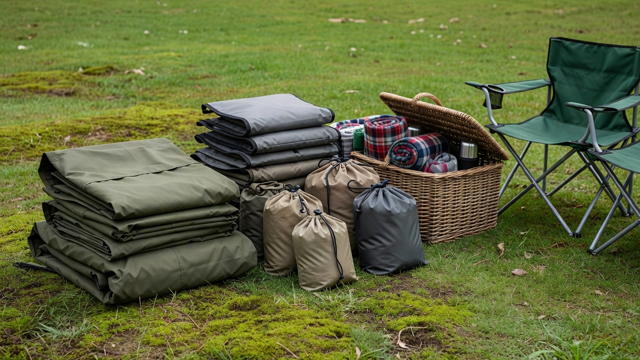 Folded protective covers and secured storage bags beside packed picnic equipment