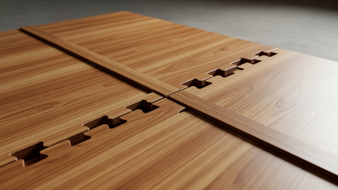 Close-up of portable dance-floor joins beside a finished edge strip