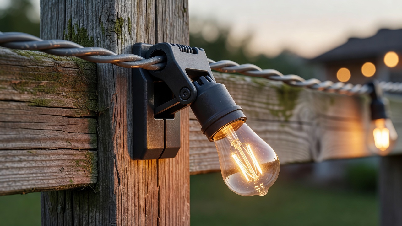 Close-up of a lighting clip securing an outdoor-rated decorative light string