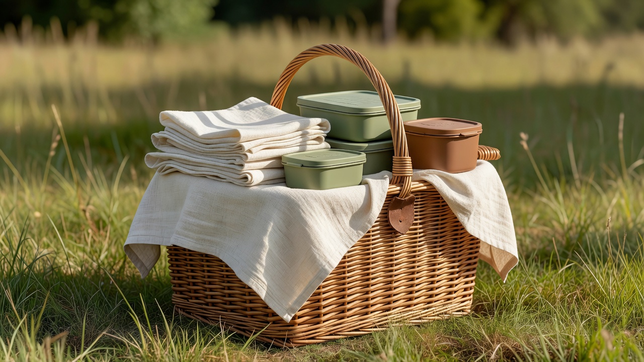 Packed wicker picnic basket with folded linen and reusable food containers